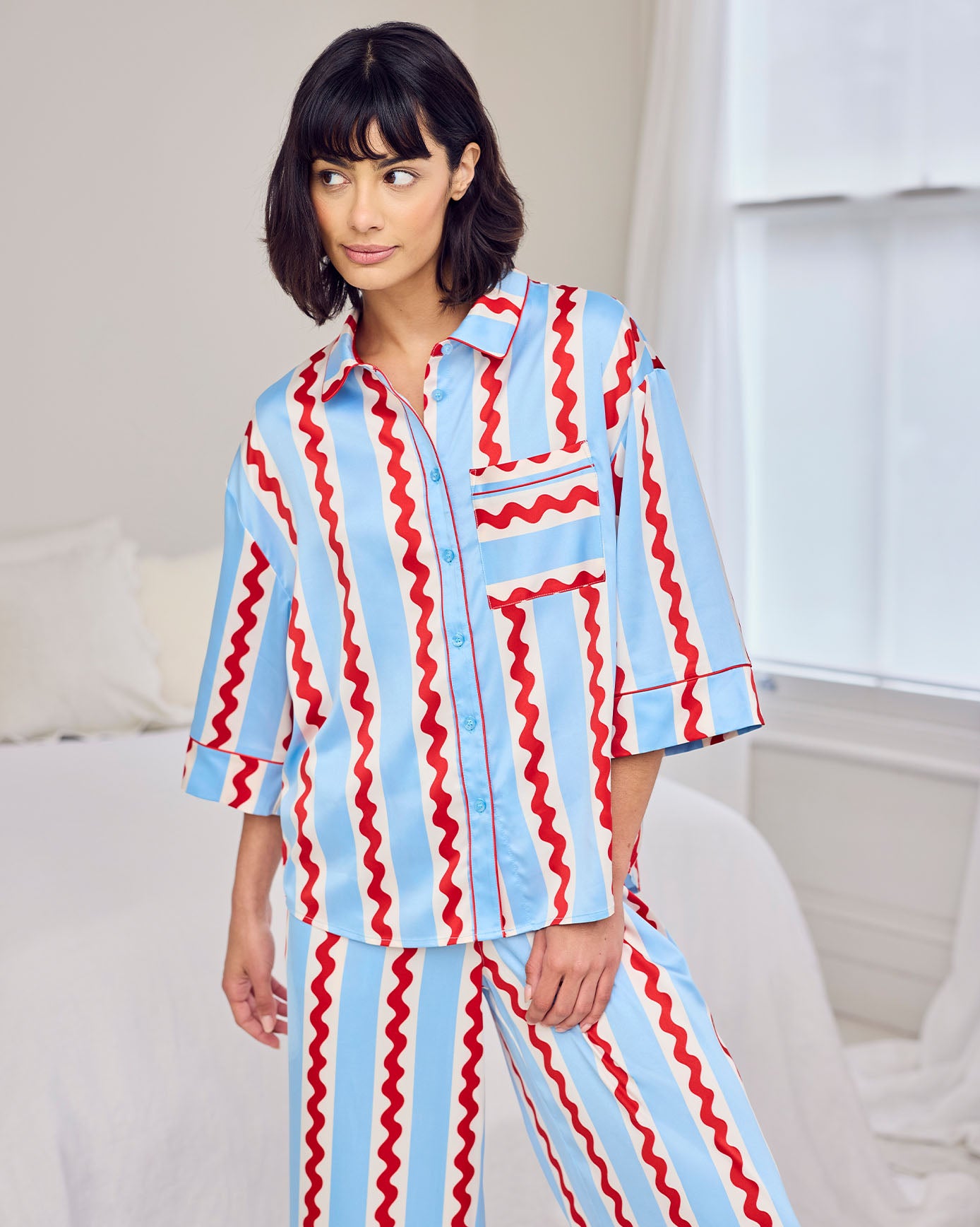 Satin Wavy Stripe Long Pyjama Set - Red, White & Blue