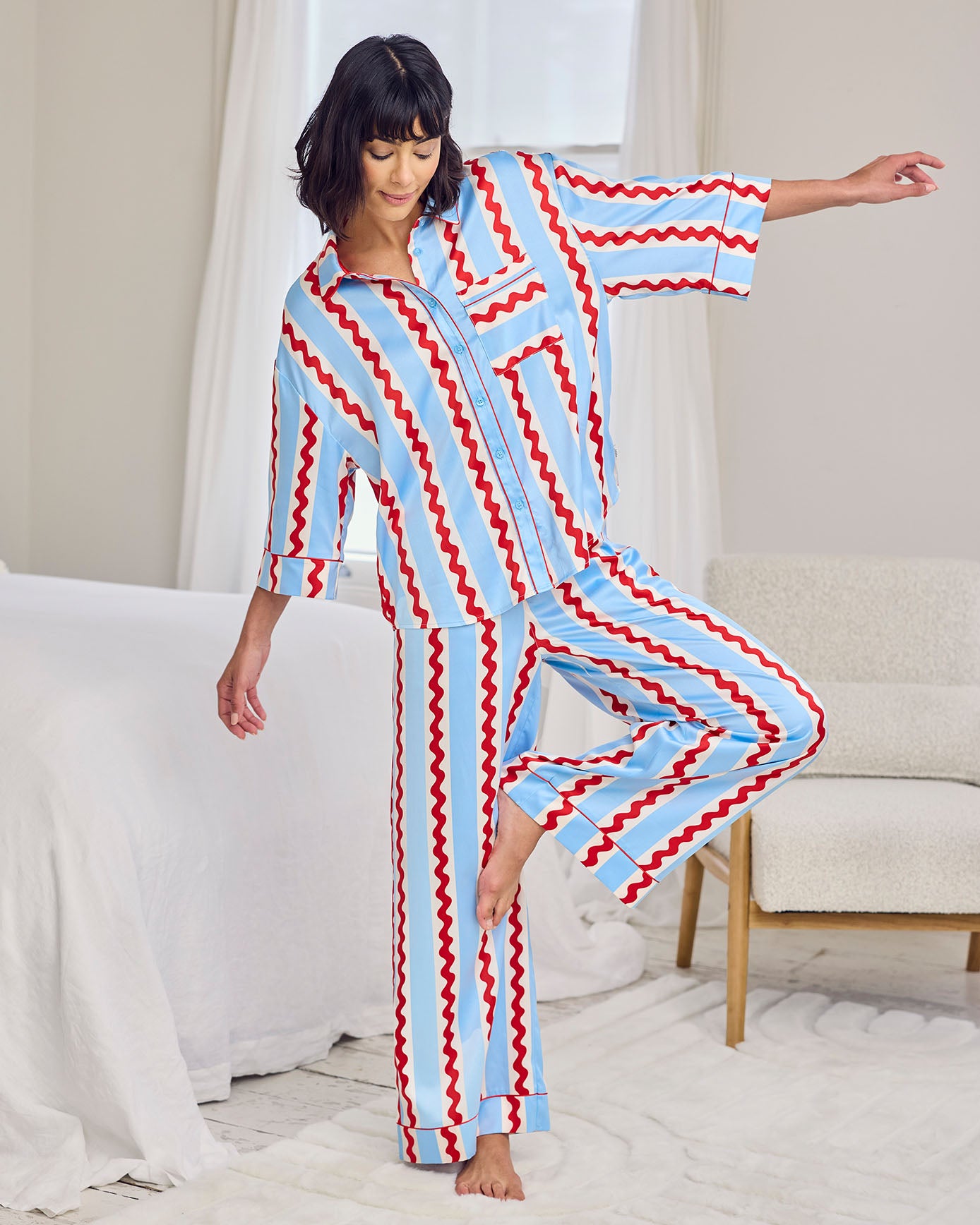 Satin Wavy Stripe Long Pyjama Set - Red, White & Blue