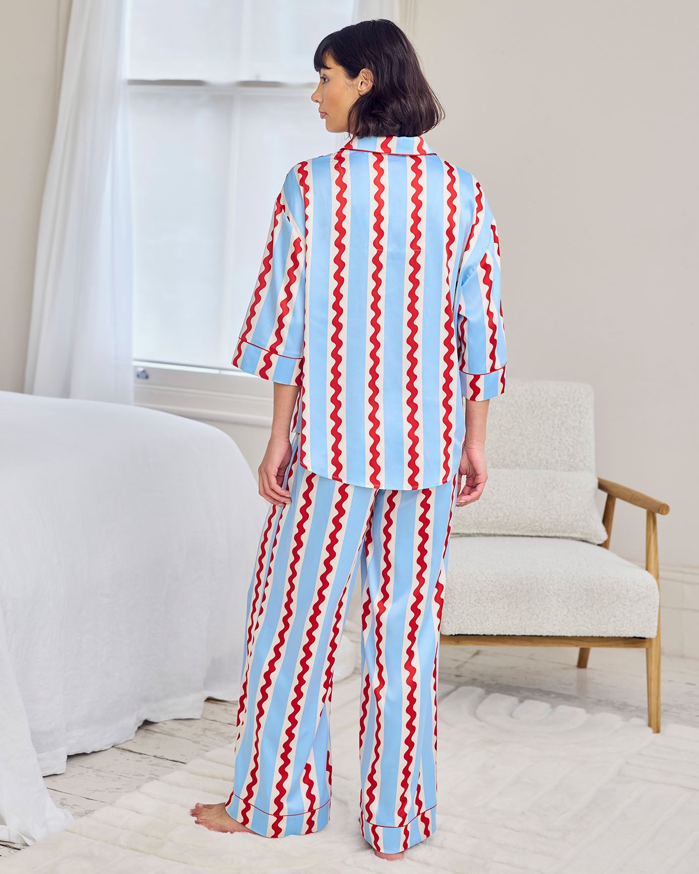 Satin Wavy Stripe Long Pyjama Set - Red, White & Blue