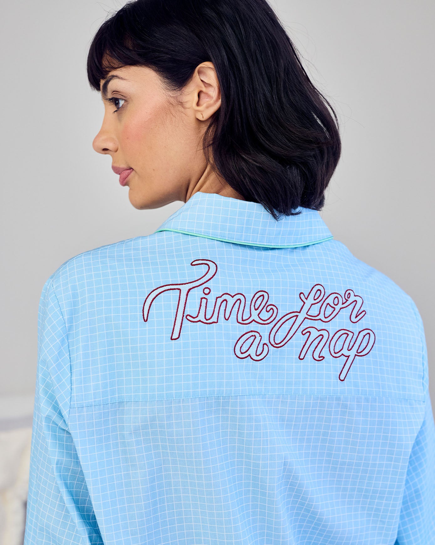 Organic Cotton Embroidered Back Time for a Nap Long Pyjama Set - Blue