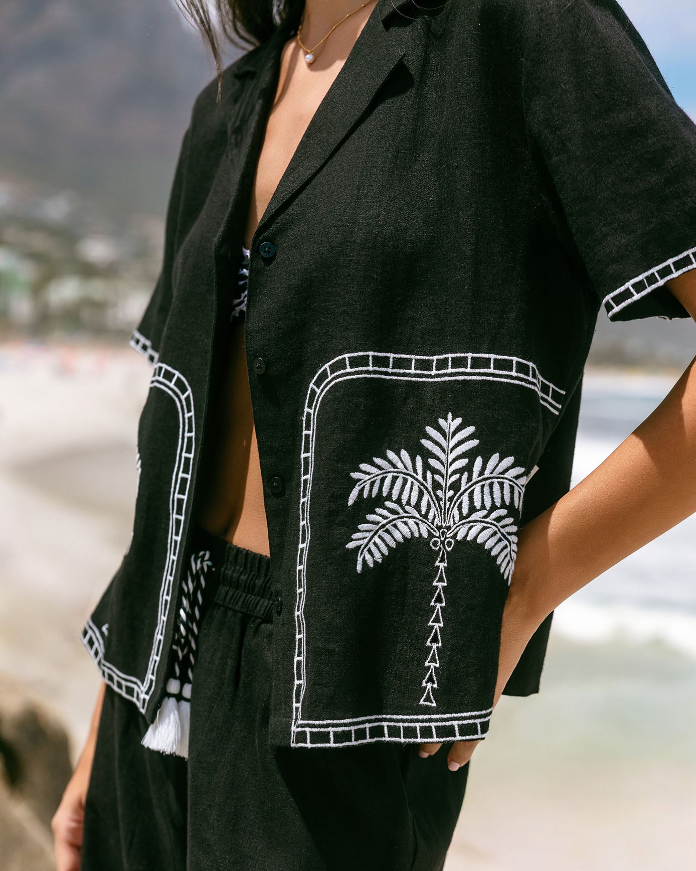 Linen-Blend Embroidered Short Sleeve Shirt - Black