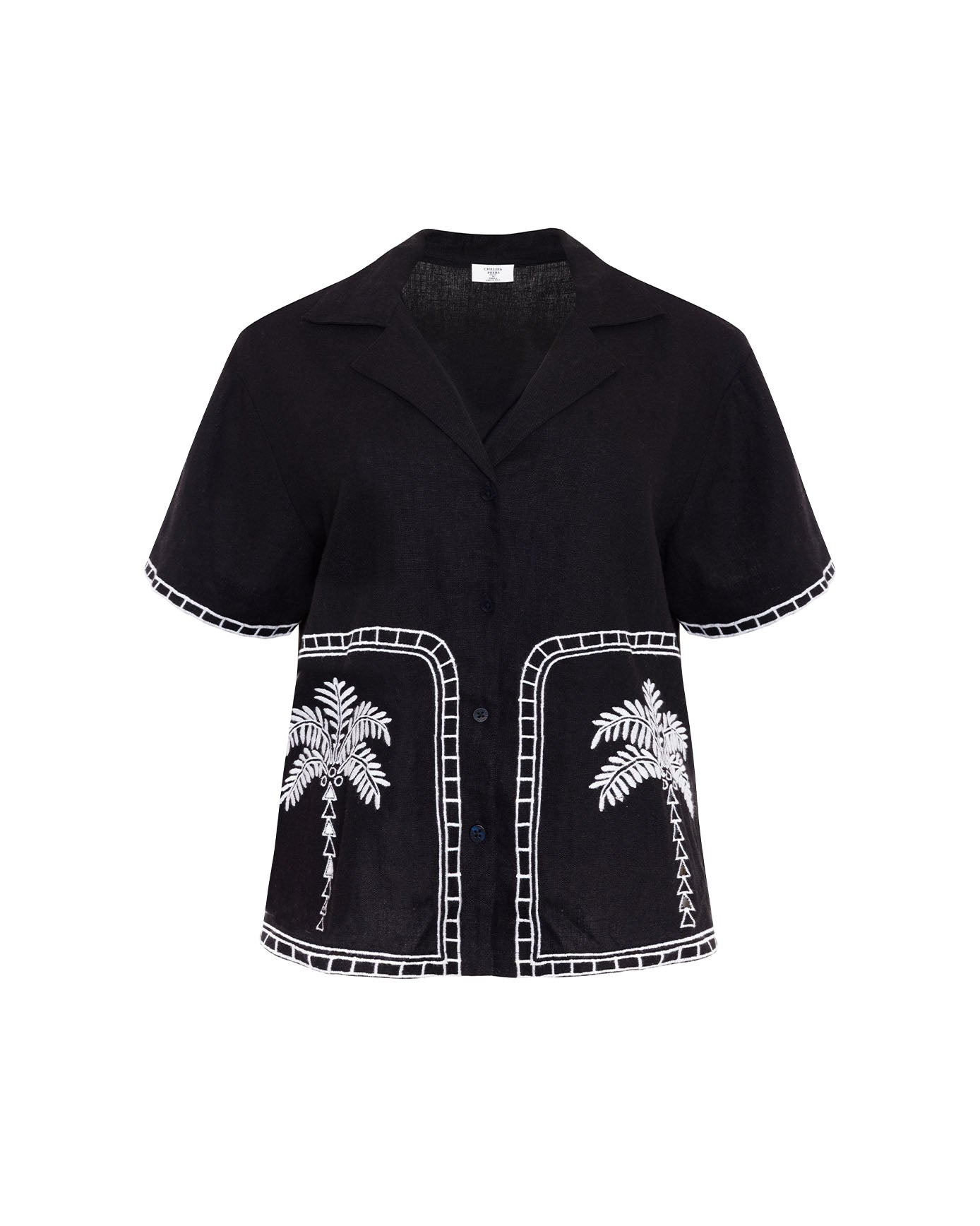 Linen-Blend Embroidered Short Sleeve Shirt - Black
