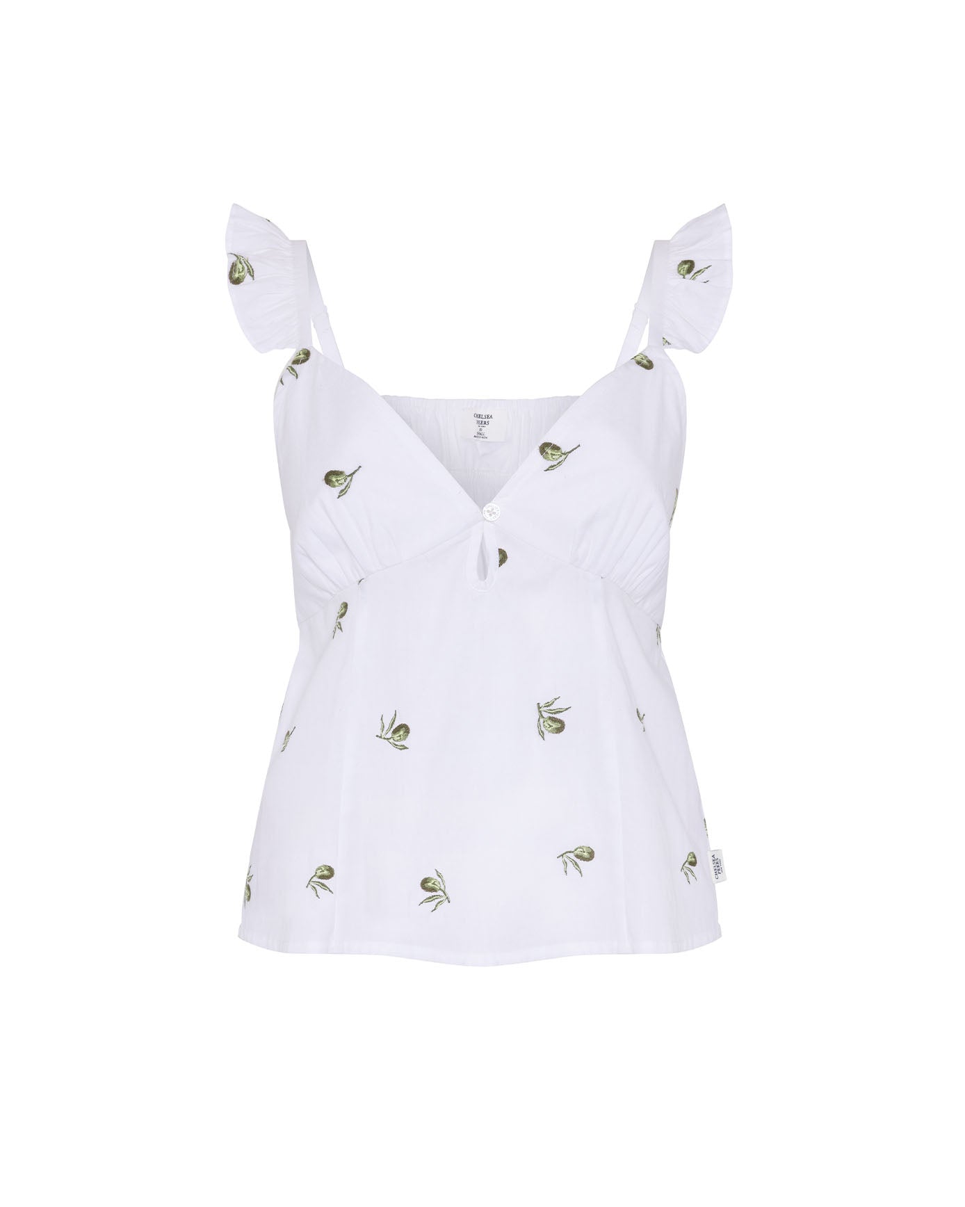 Organic Cotton Poplin Embroidered Olive Print Frill Cami Top - White