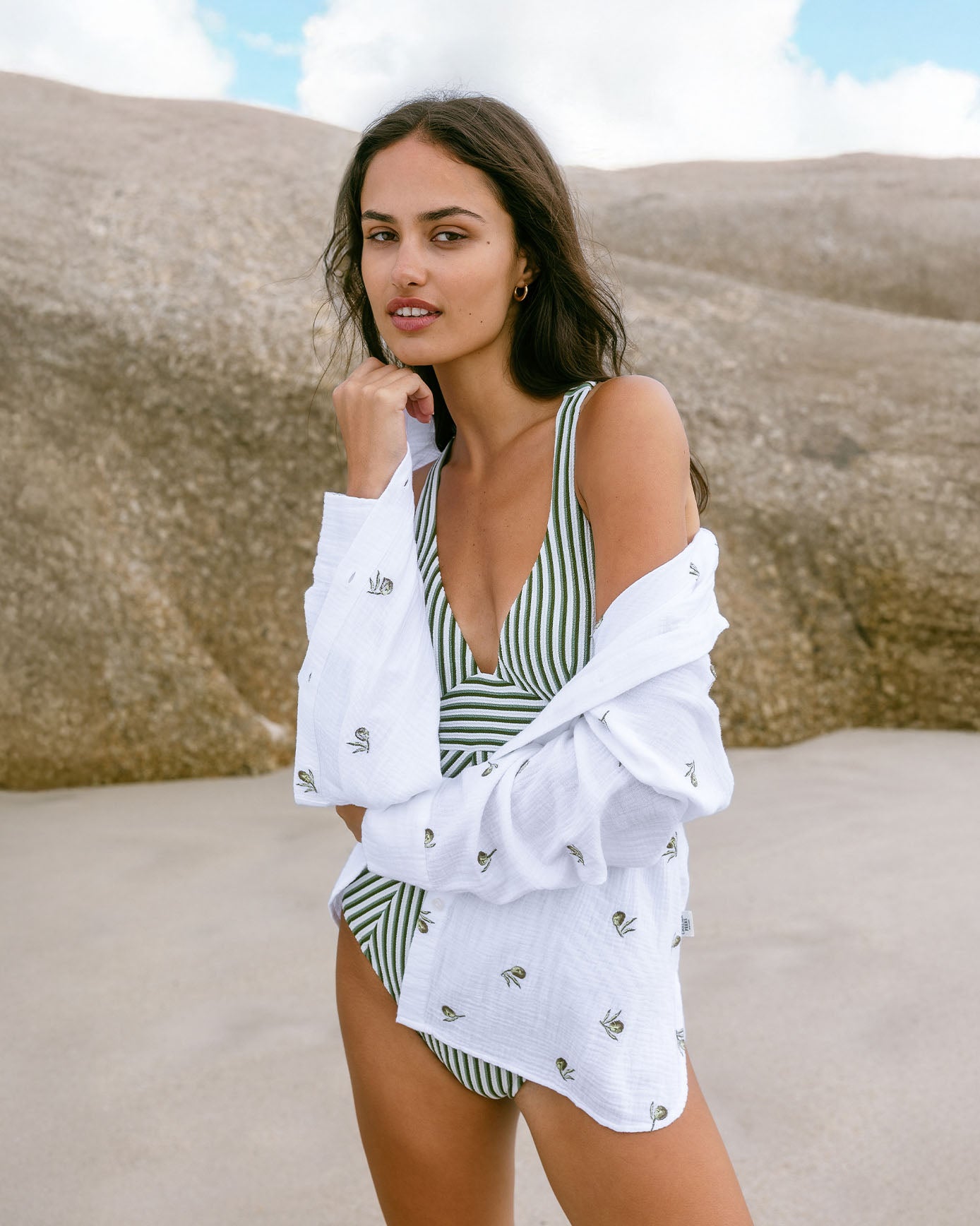 Organic Cotton Cheesecloth Embroidered Olive Print Long Sleeve Shirt - White