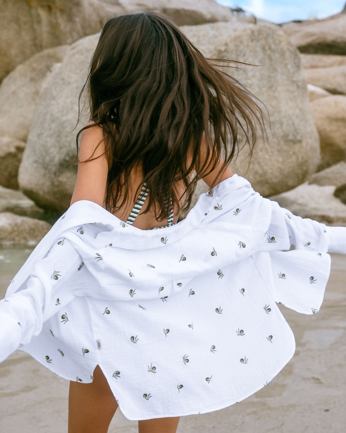 Organic Cotton Cheesecloth Embroidered Olive Print Long Sleeve Shirt - White