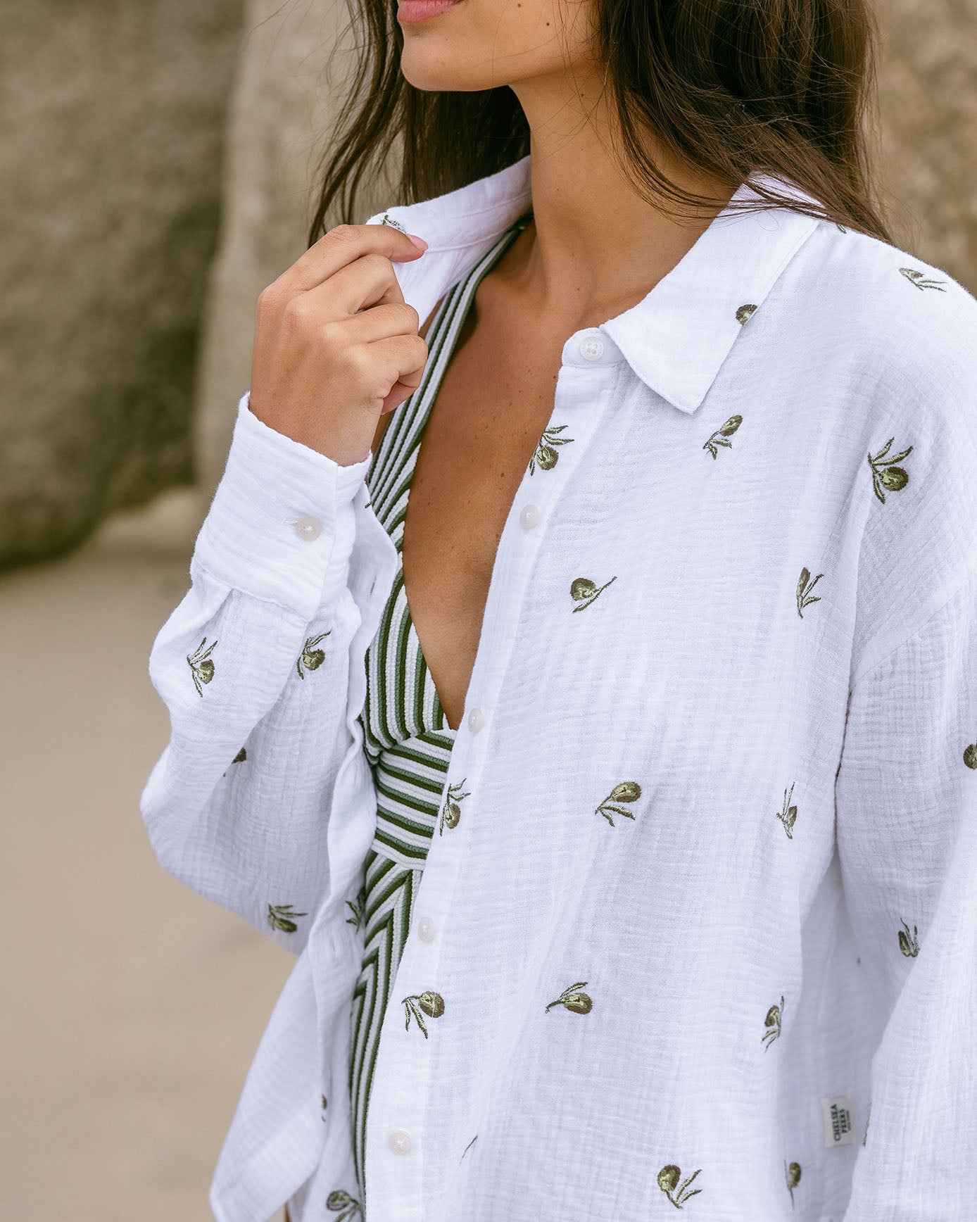 Organic Cotton Cheesecloth Embroidered Olive Print Long Sleeve Shirt - White