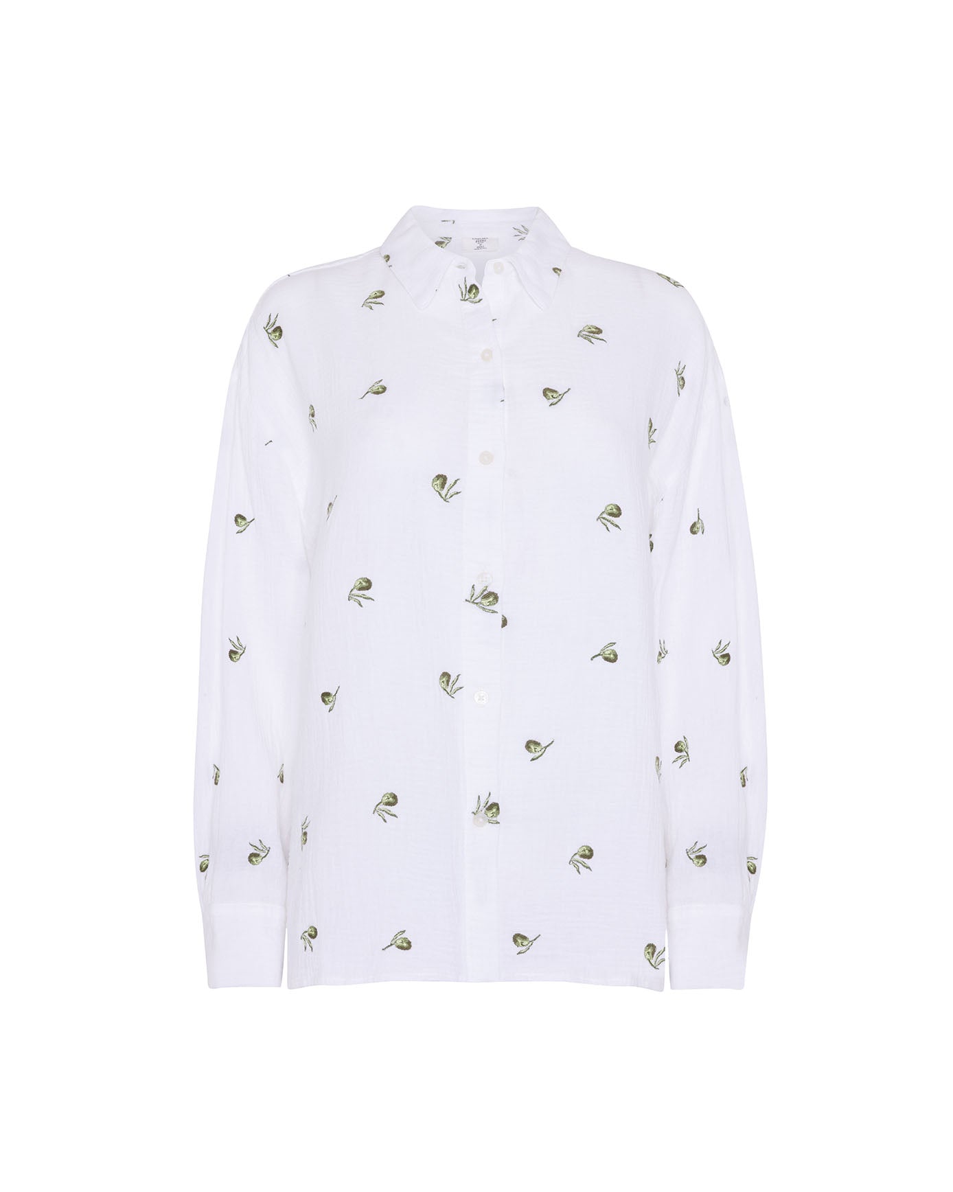 Organic Cotton Cheesecloth Embroidered Olive Print Long Sleeve Shirt - White