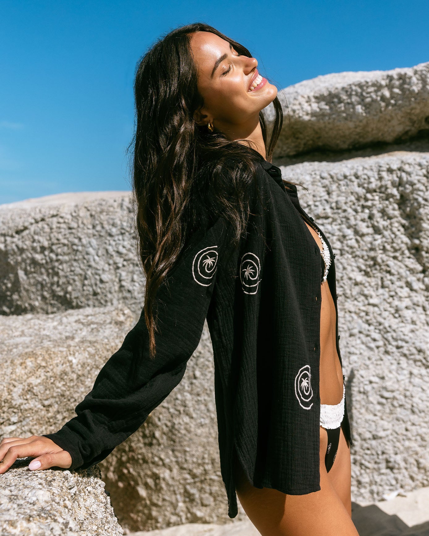 Organic Cotton Cheesecloth Embroidered Palm Loop Long Sleeve Shirt - Black