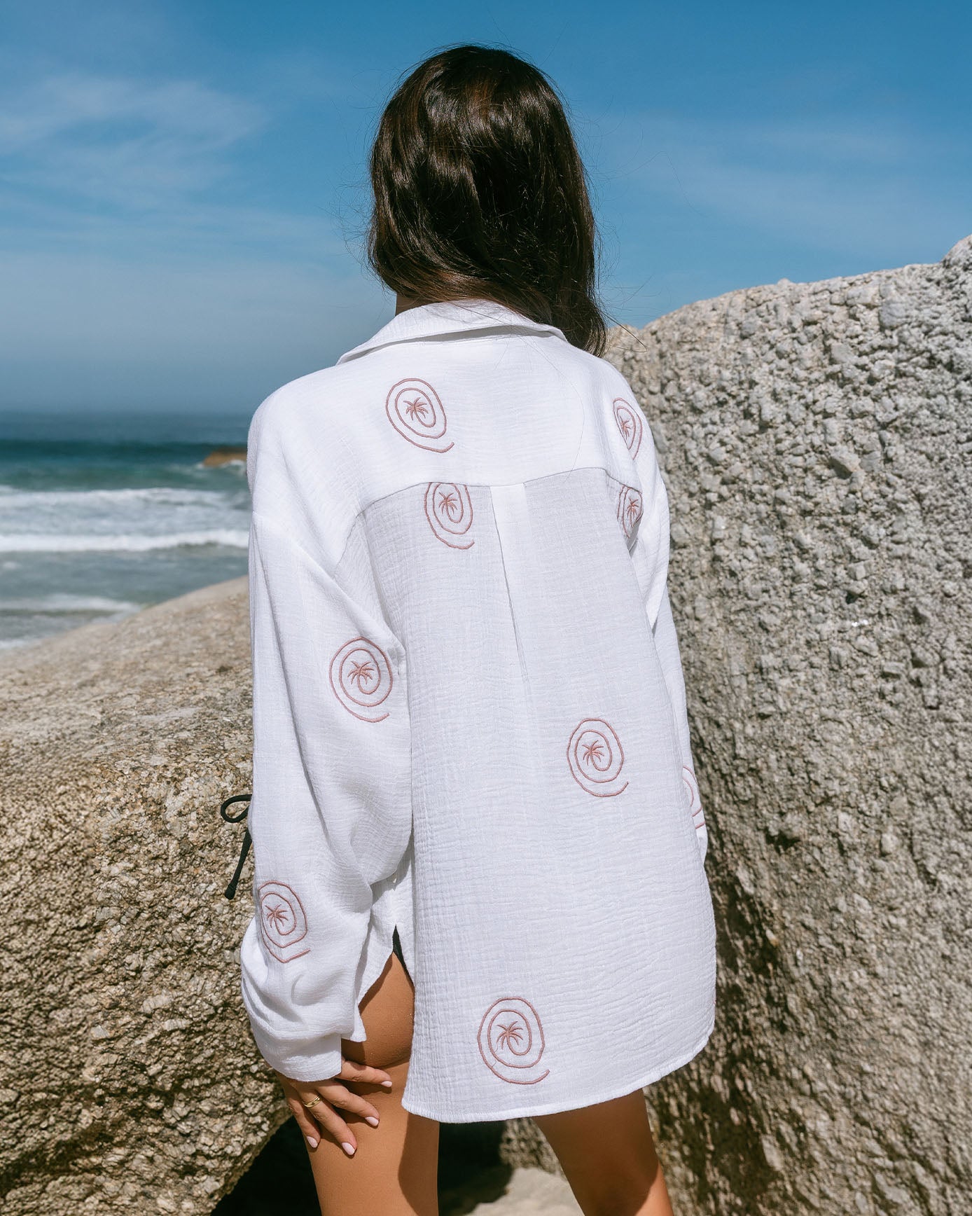 Organic Cotton Cheesecloth Embroidered Palm Loop Long Sleeve Shirt - Cream