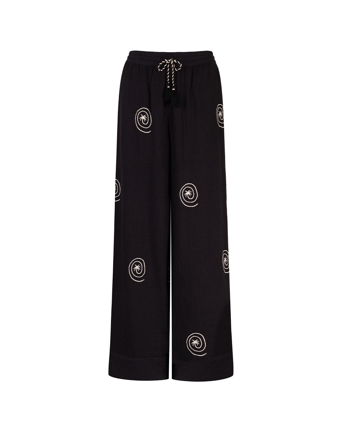 Organic Cotton Cheesecloth Embroidered Palm Loop Trousers - Black