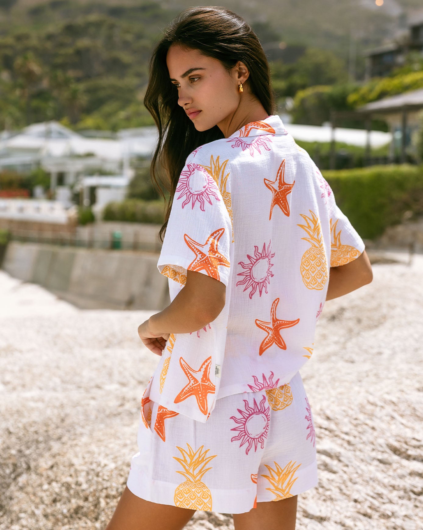 Organic Cotton Cheesecloth Seaside Print Short Sleeve Shirt