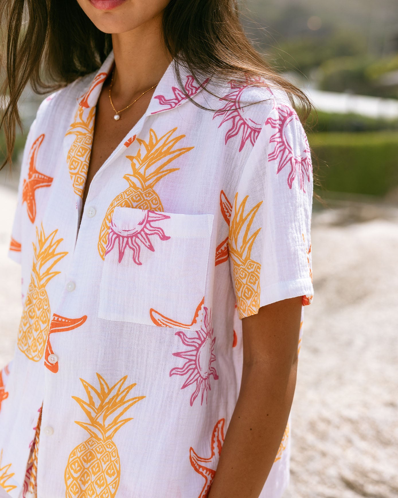 Organic Cotton Cheesecloth Seaside Print Short Sleeve Shirt