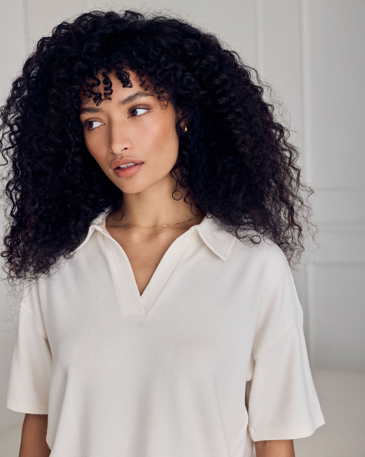 Slub-Knit V-Neck Short Sleeve Sweatshirt - Cream