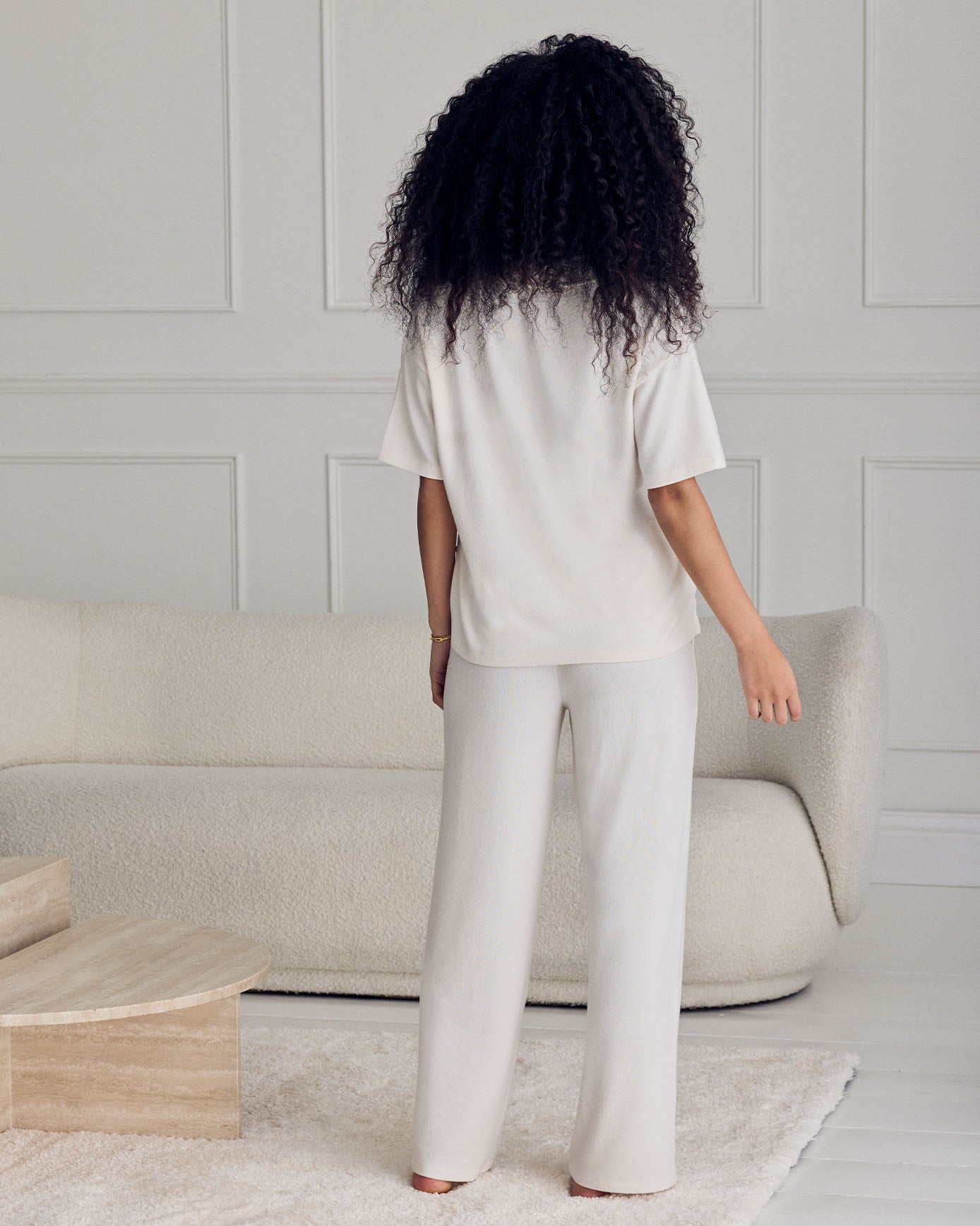 Slub-Knit V-Neck Short Sleeve Sweatshirt - Cream