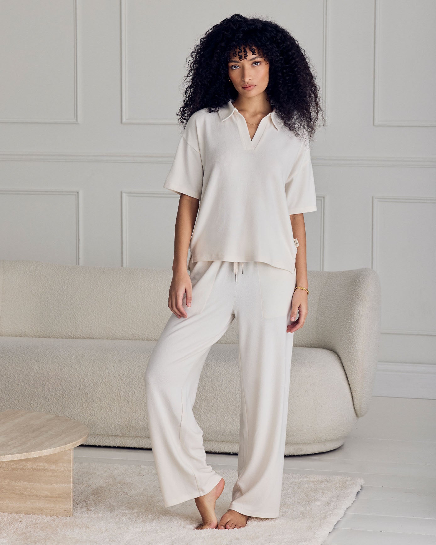 Slub-Knit V-Neck Short Sleeve Sweatshirt - Cream