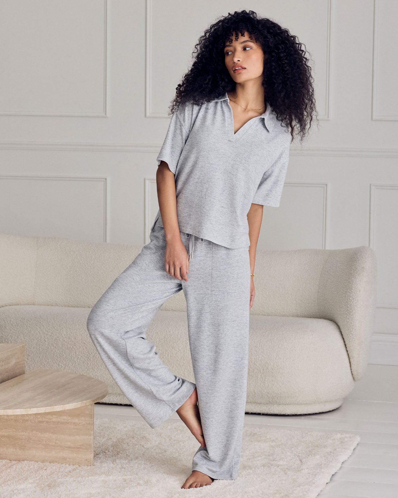 Slub-Knit V-Neck Short Sleeve Sweatshirt - Grey