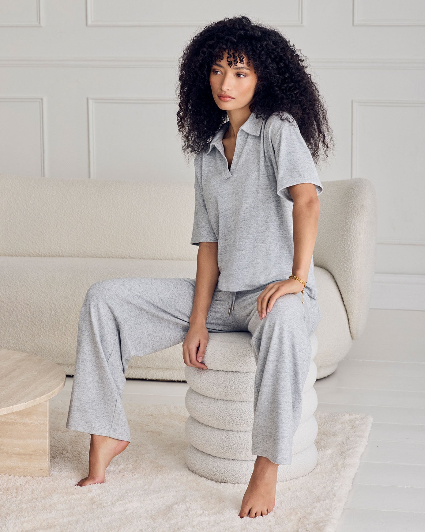 Slub-Knit V-Neck Short Sleeve Sweatshirt - Grey