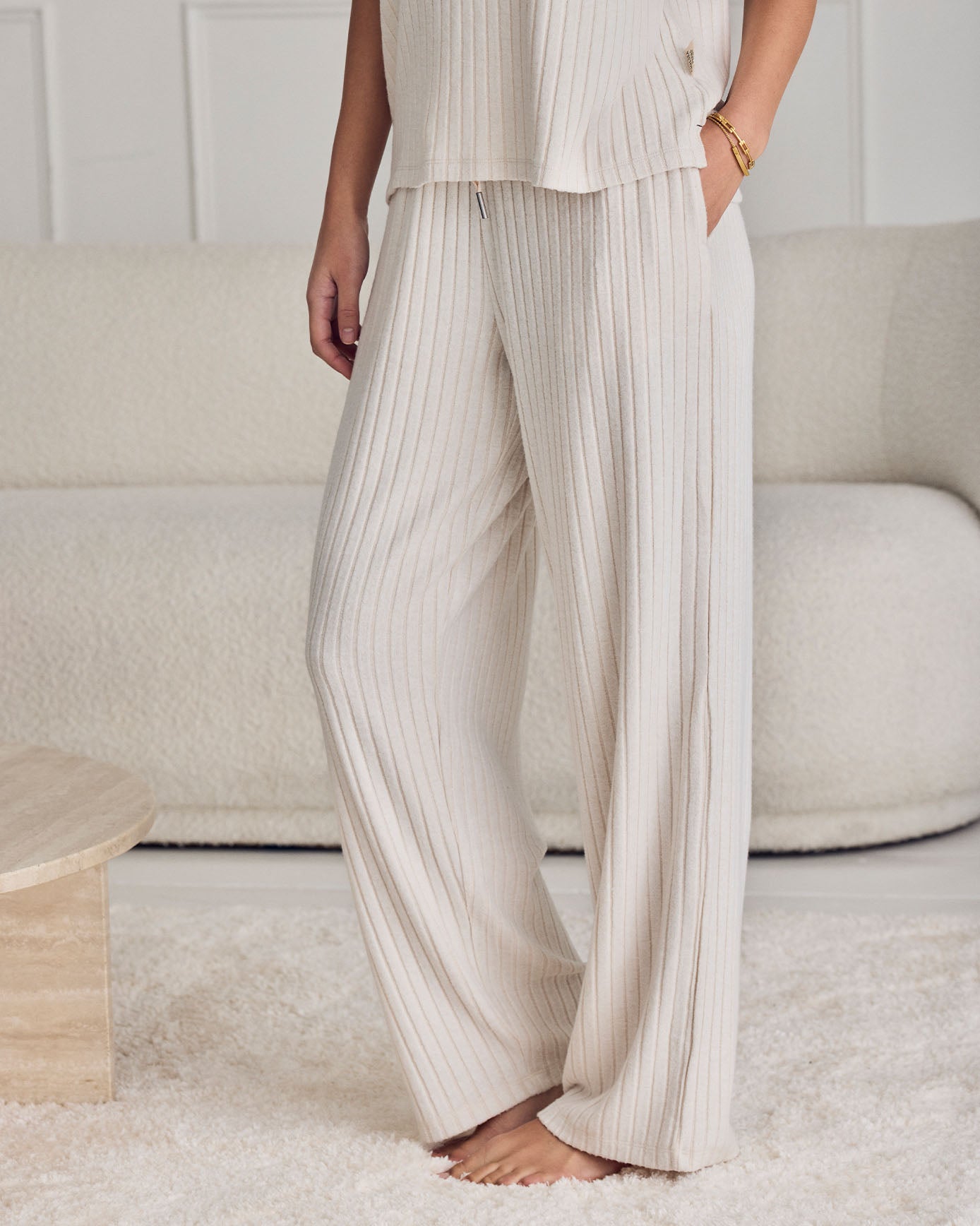 Ribbed Knit Joggers - Cream