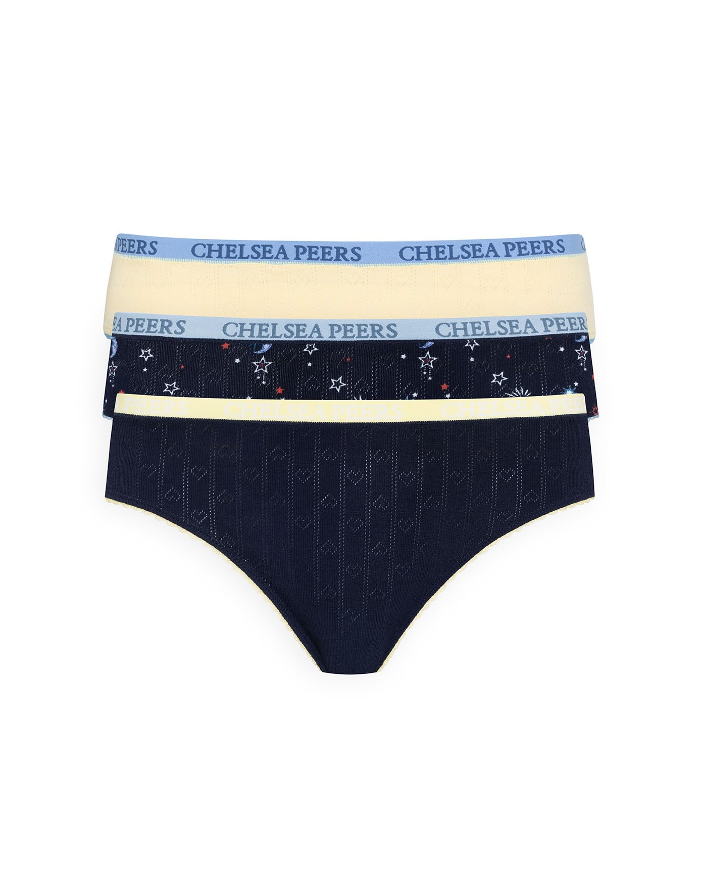 Organic Cotton Three Pack Pointelle Full Briefs - Mystic Moon, Navy & Yellow