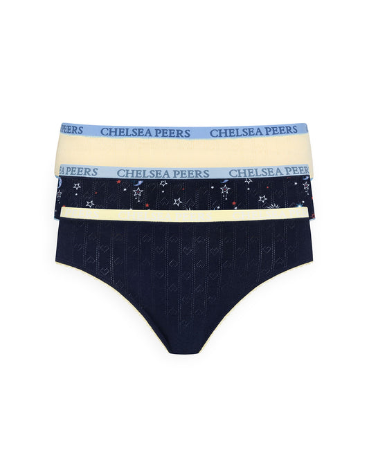 Organic Cotton Three Pack Pointelle Full Briefs - Mystic Moon, Navy & Yellow