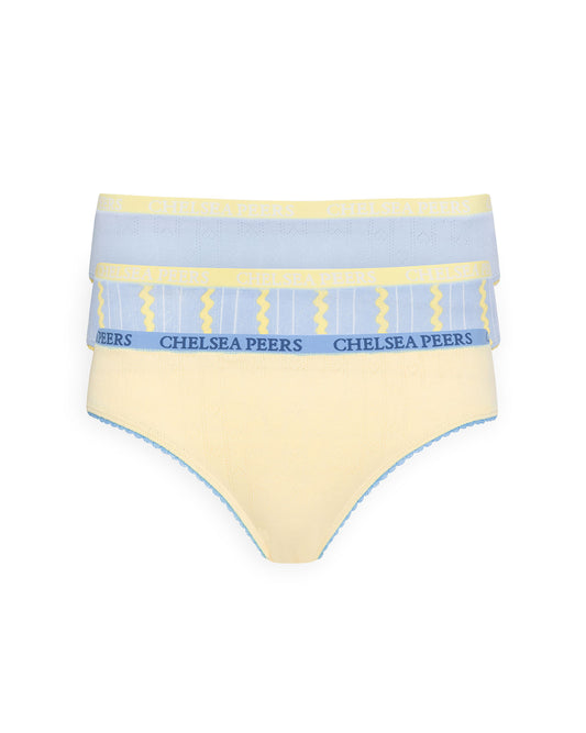 Organic Cotton Three Pack Pointelle Full Briefs - Yellow & Blue
