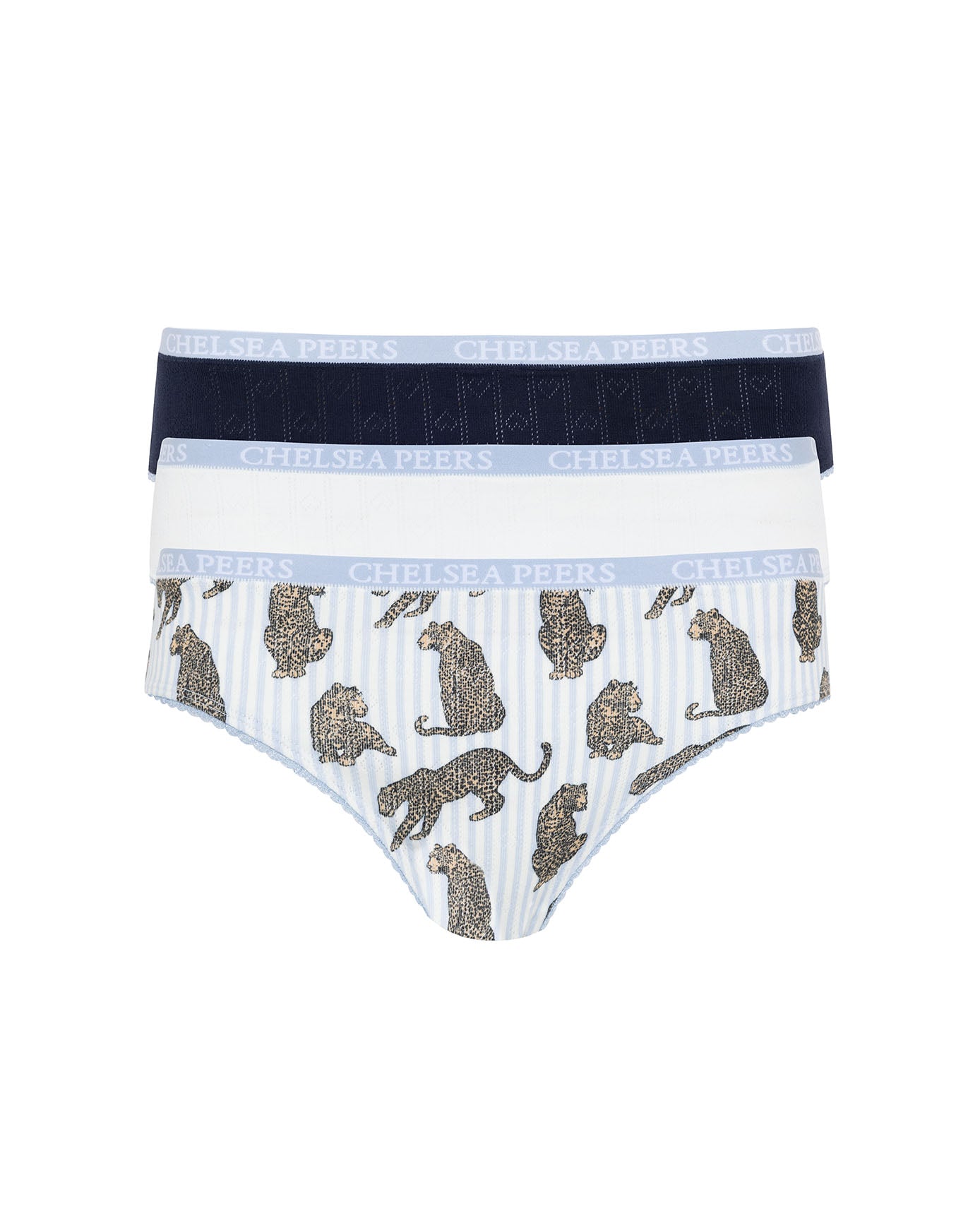 Organic Cotton Three Pack Pointelle Full Briefs - Blue Leopard Mix