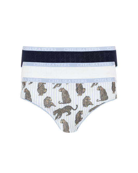 Organic Cotton Three Pack Pointelle Full Briefs - Blue Leopard Mix