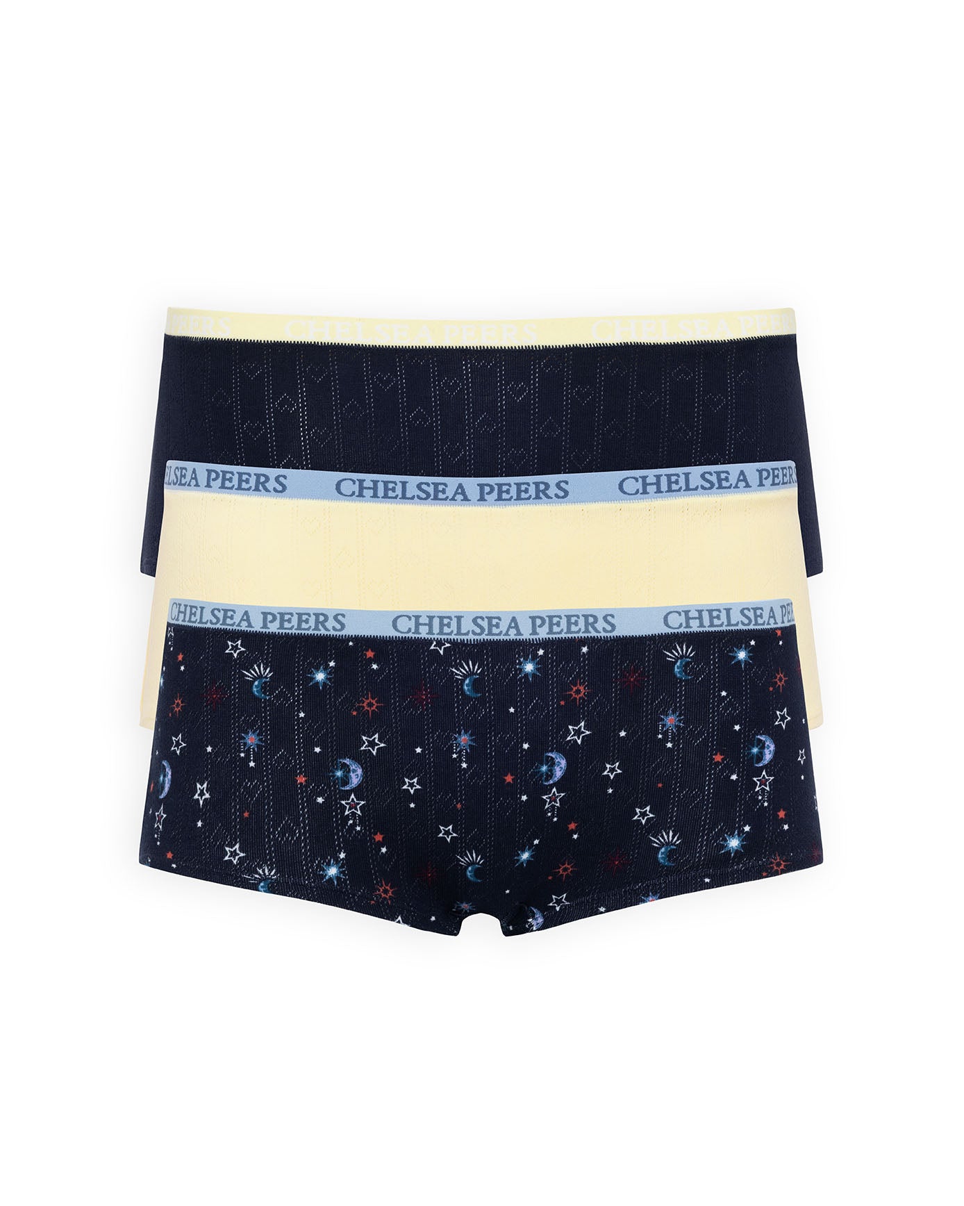 Organic Cotton Three Pack Pointelle Knicker Shorts - Mystic Moon, Navy & Yellow