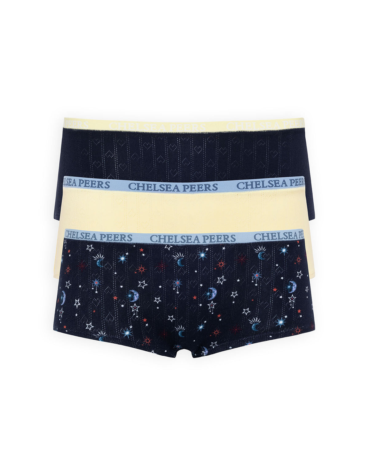 Organic Cotton Three Pack Pointelle Knicker Shorts Mystic Moon Print & Yellow