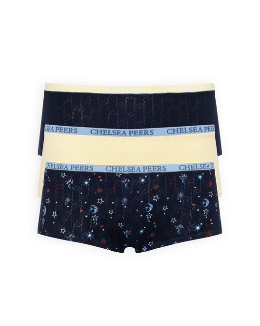 Organic Cotton Three Pack Pointelle Knicker Shorts - Mystic Moon, Navy & Yellow