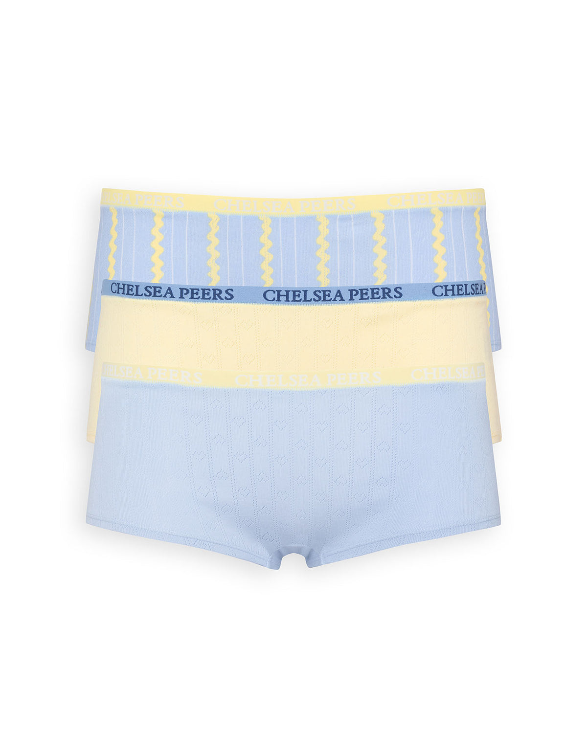 Organic Cotton Three Pack Pointelle Knicker Shorts Blue Yellow Wavy Stripe
