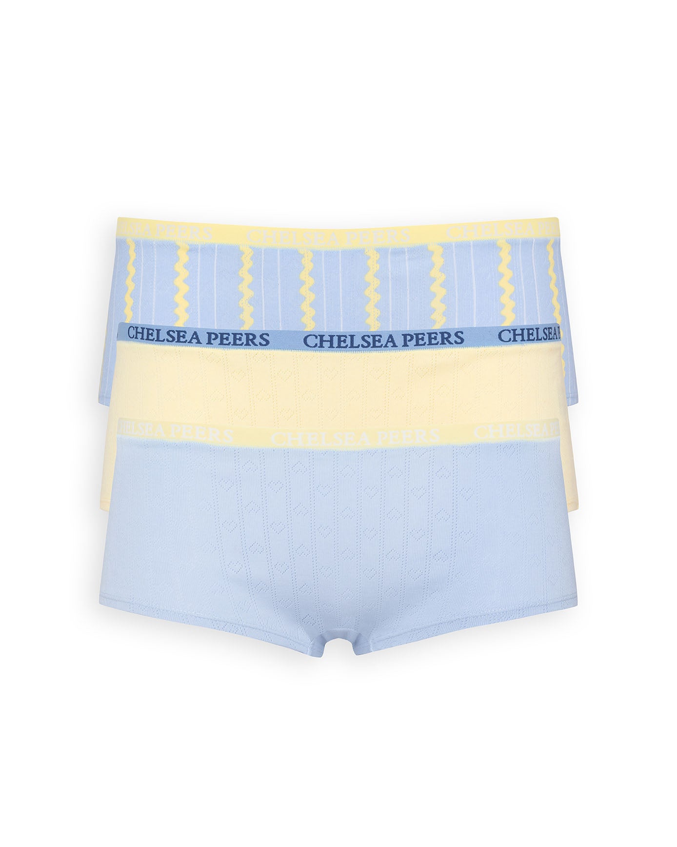 Organic Cotton Three Pack Pointelle Knicker Shorts - Yellow & Blue Mix