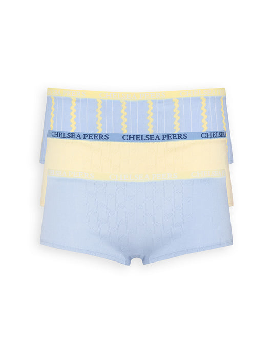 Organic Cotton Three Pack Pointelle Knicker Shorts - Yellow & Blue Mix