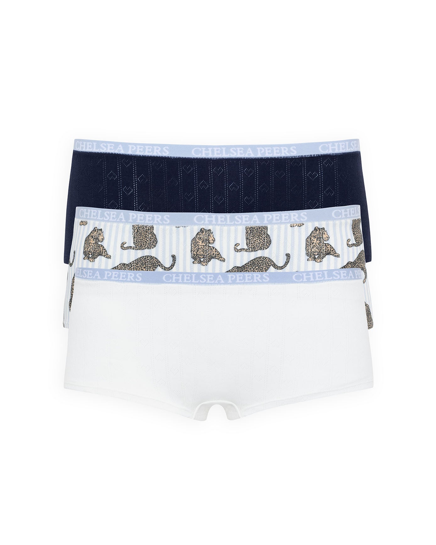 Organic Cotton Three Pack Pointelle Knicker Shorts - Blue Leopard Mix