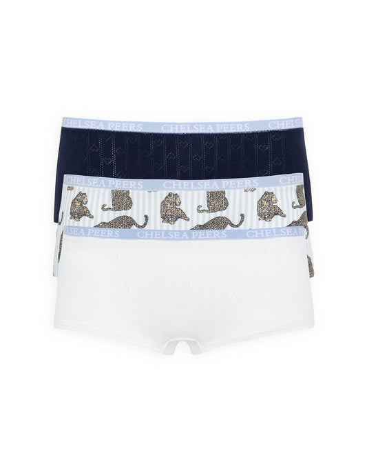 Organic Cotton Three Pack Pointelle Knicker Shorts - Blue Leopard Mix