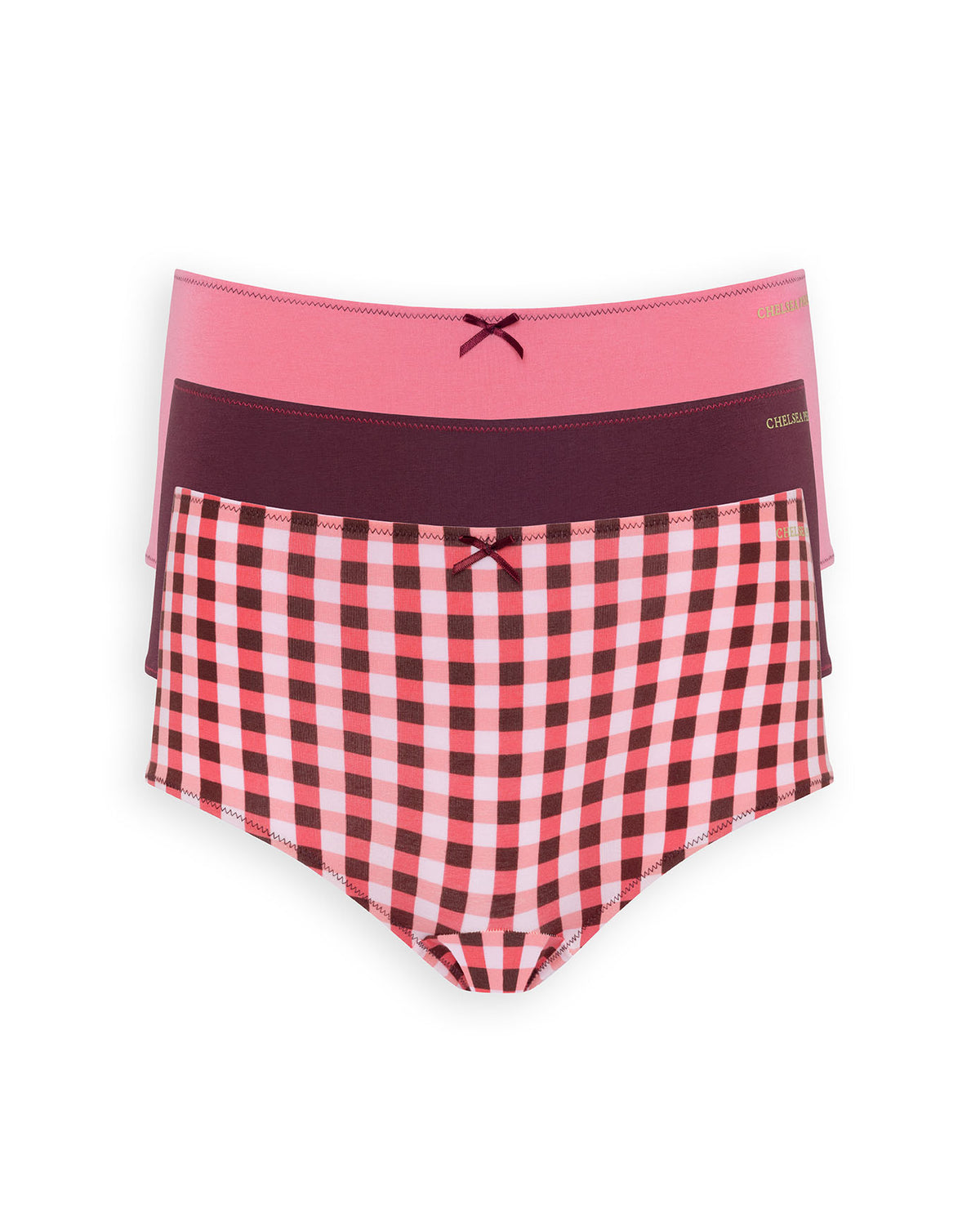 Organic Cotton Three Pack Bow Trim Knicker Shorts Pink Burgundy Good Night Gingham