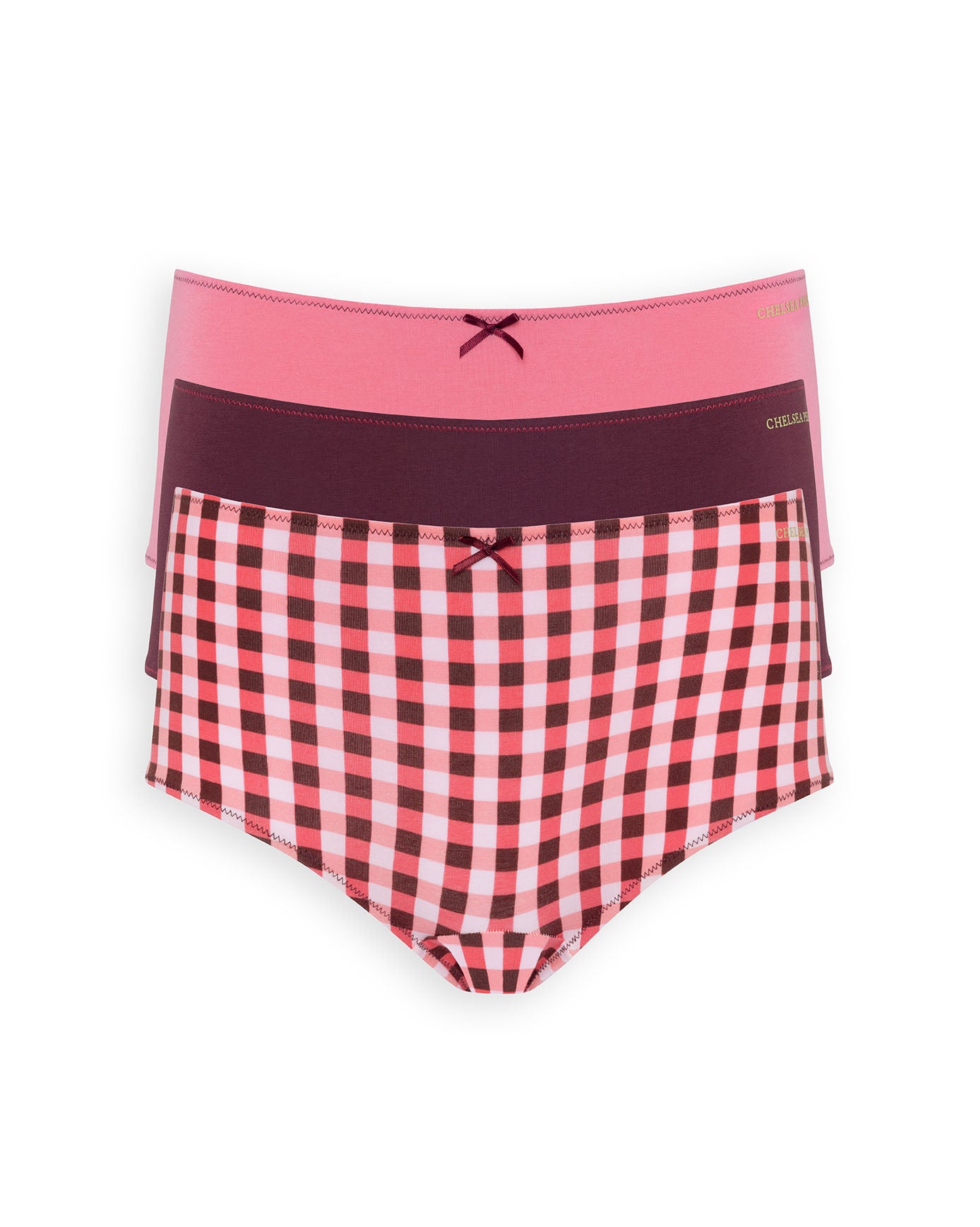 Organic Cotton Three Pack Bow Trim Knicker Shorts - Pink Gingham, Maroon Good Night Print & Pink
