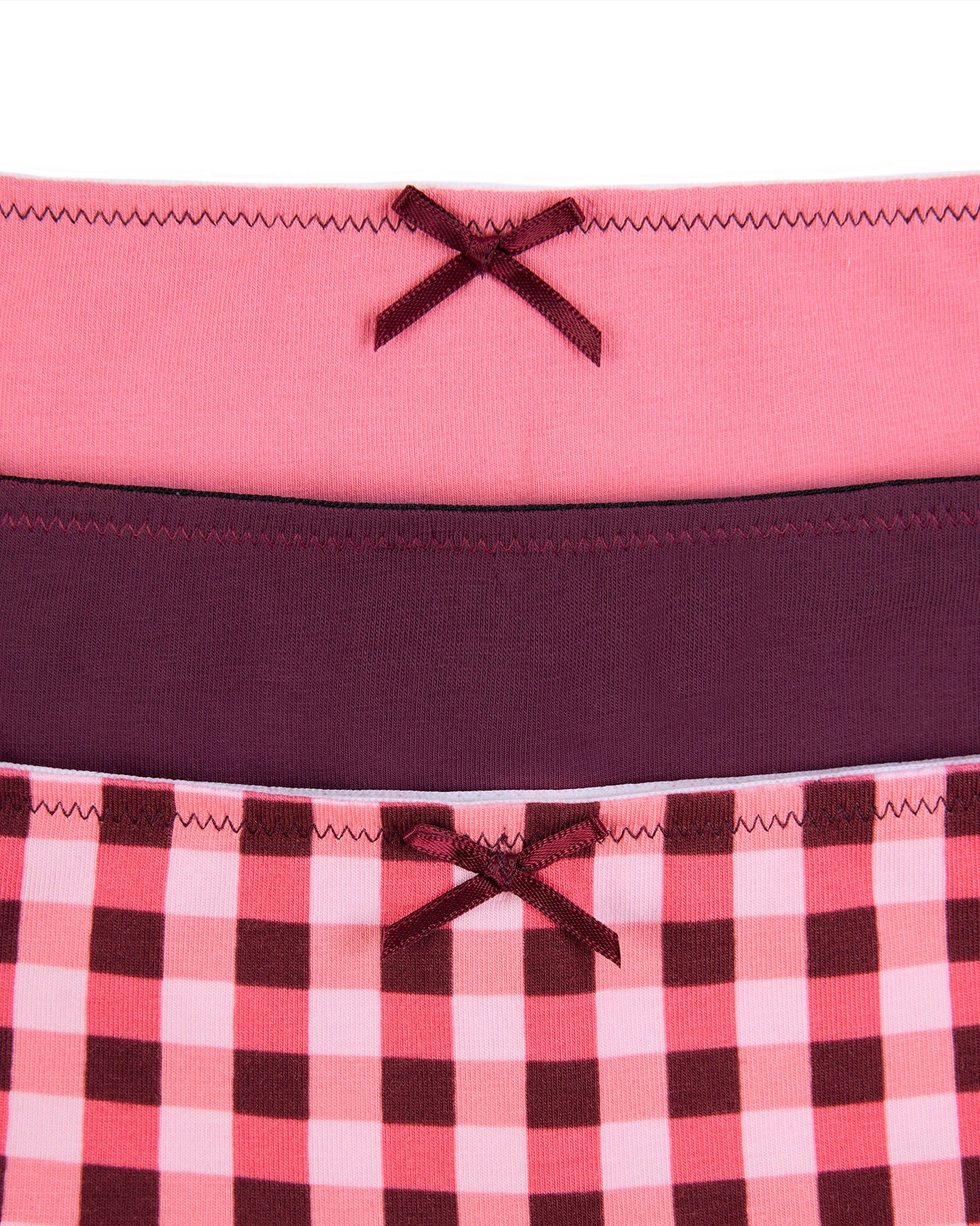 Organic Cotton Three Pack Bow Trim Knicker Shorts - Pink Gingham, Maroon Good Night Print & Pink