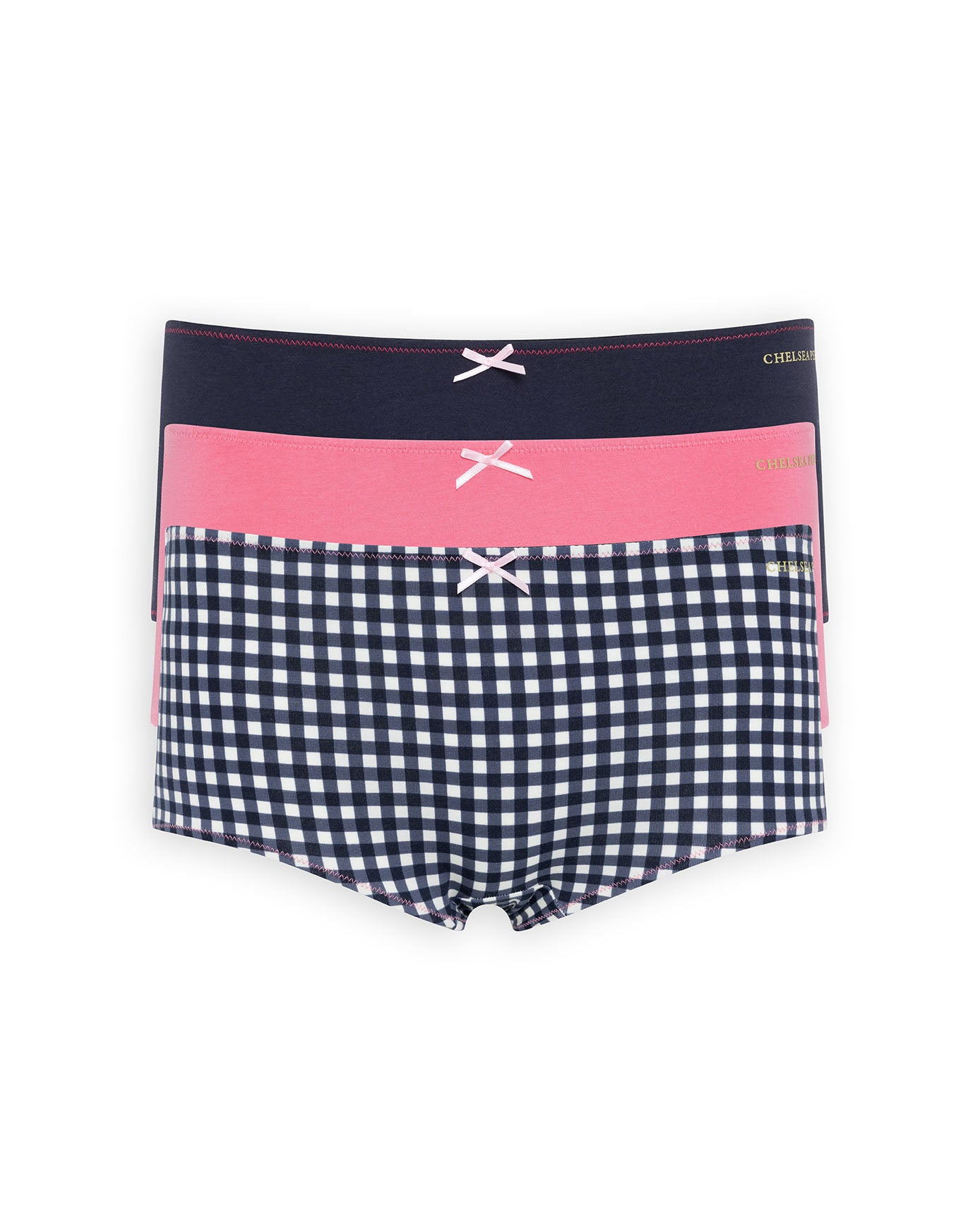 Organic Cotton Three Pack Bow Trim Knicker Shorts - Gingham, Pink & Navy 
