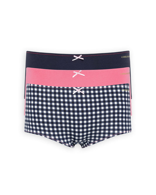 Organic Cotton Three Pack Bow Trim Knicker Shorts - Gingham, Pink & Navy 