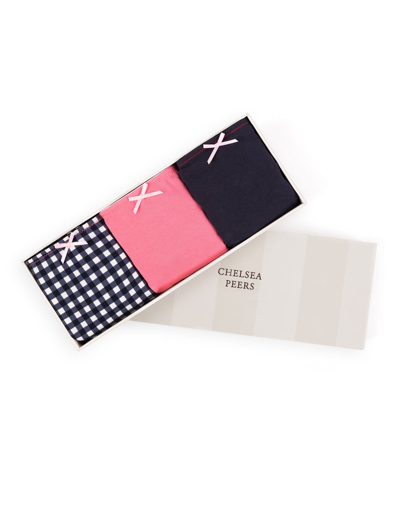 Organic Cotton Three Pack Bow Trim Knicker Shorts - Gingham, Pink & Navy 