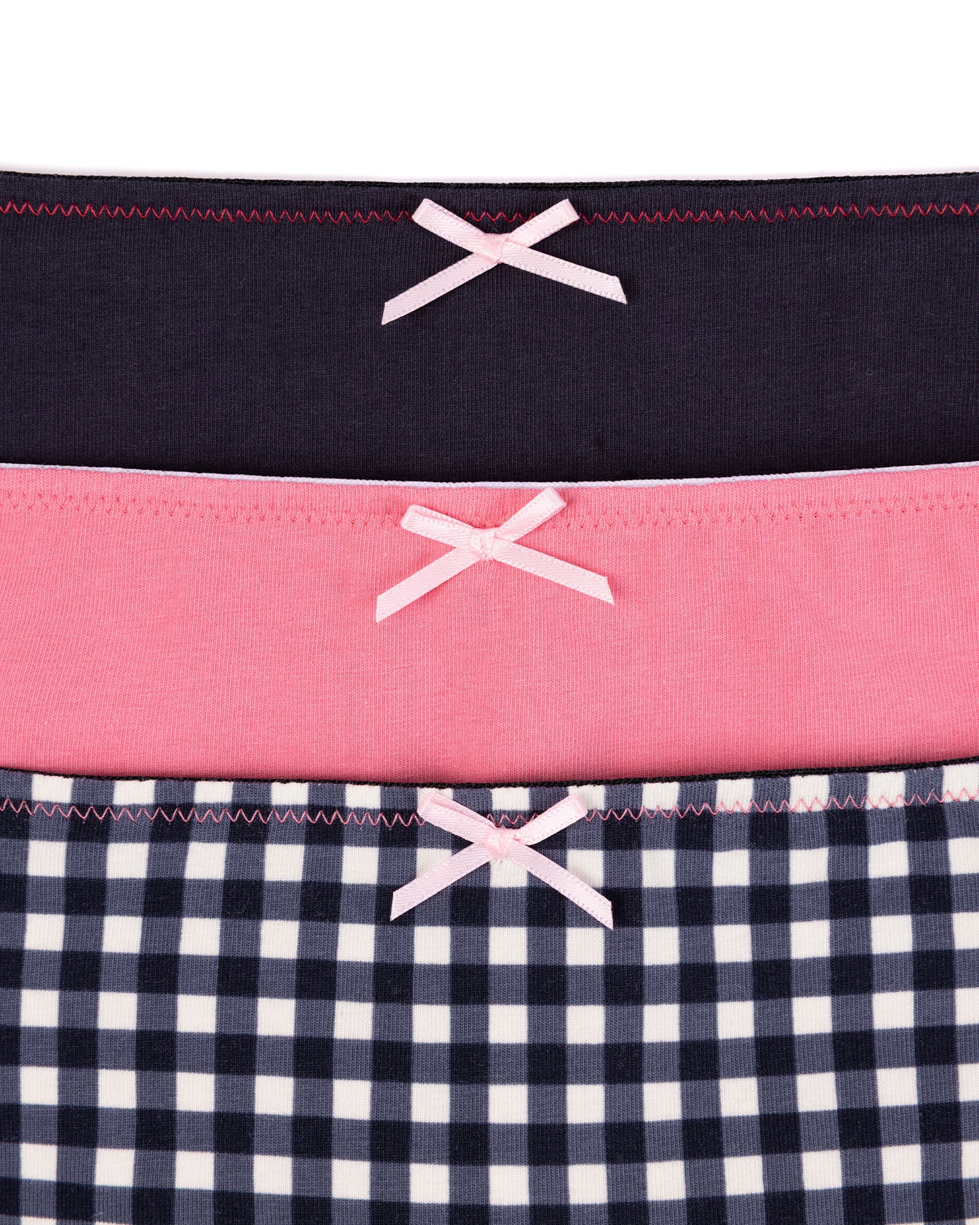 Organic Cotton Three Pack Bow Trim Knicker Shorts - Gingham, Pink & Navy 