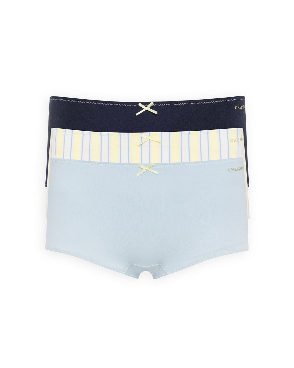 Organic Cotton Three Pack Bow Trim Knickers Shorts Blue Yellow Stripe &