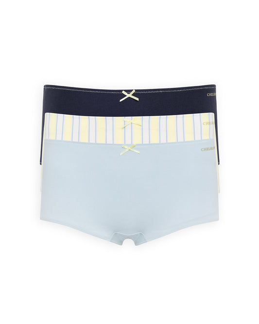 Organic Cotton Three Pack Bow Trim Knickers Shorts - Blue Mix