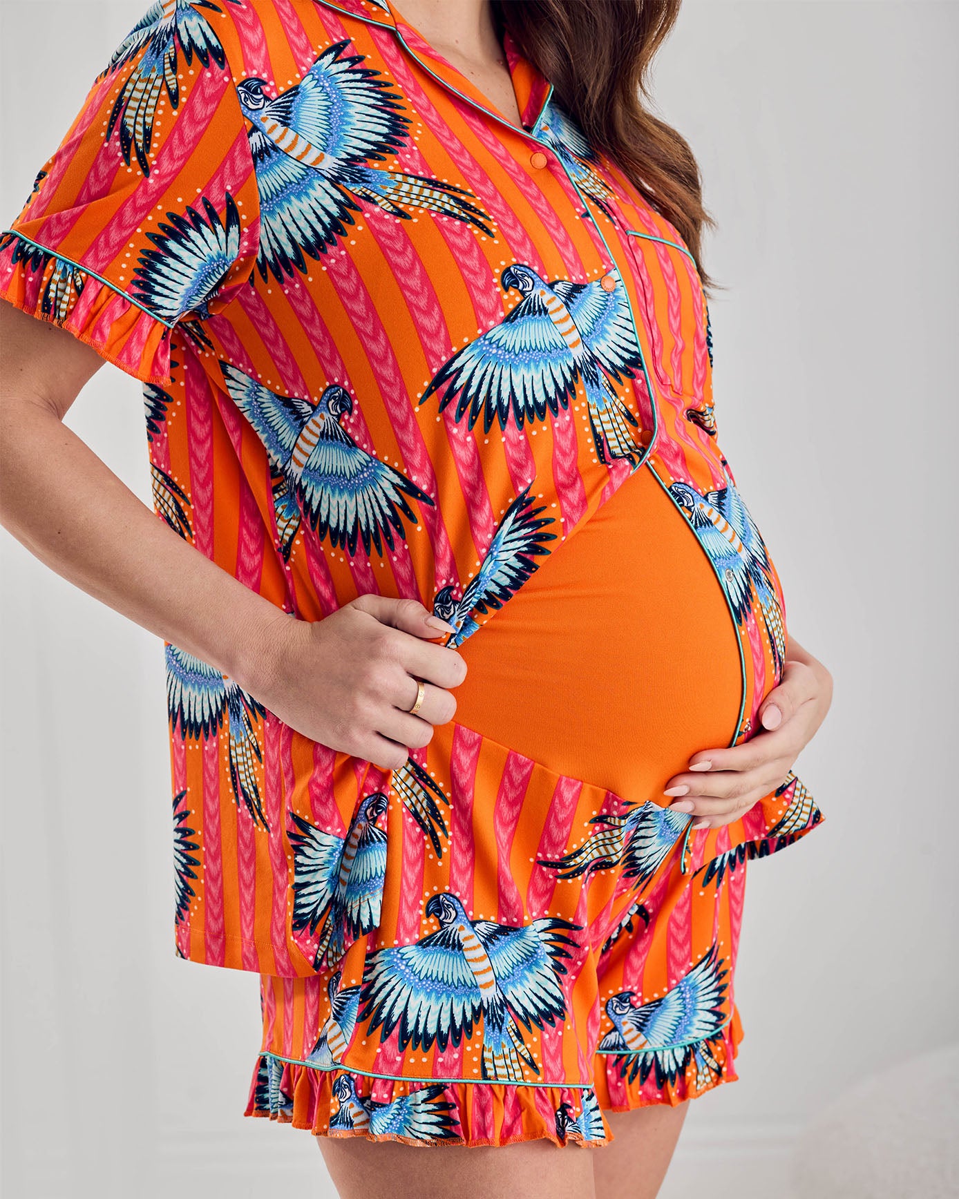 Maternity Parrot Stripe Print Frill Short Pyjama Set