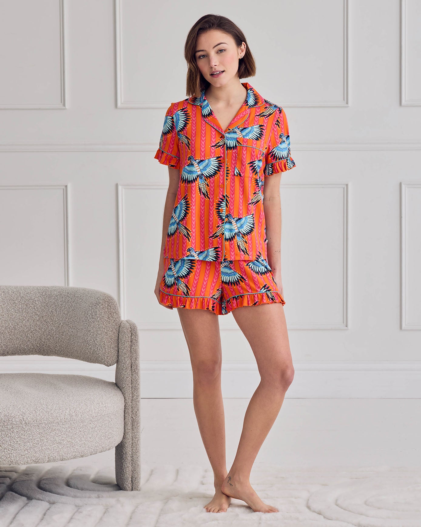Parrot Stripe Print Frill Short Pyjama Set