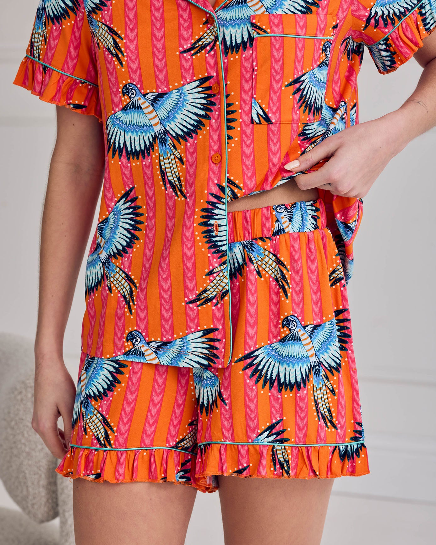 Parrot Stripe Print Frill Short Pyjama Set