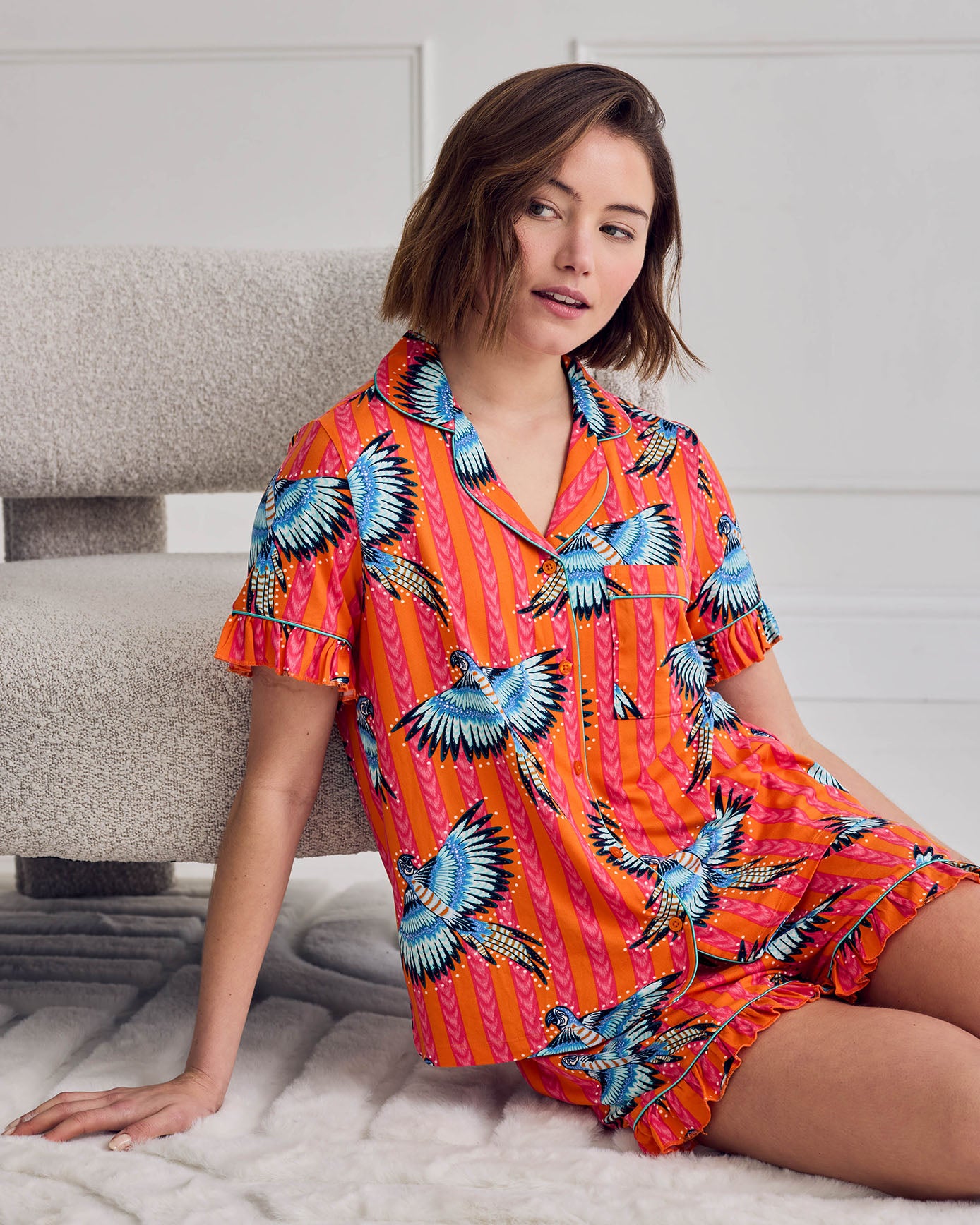 Parrot Stripe Print Frill Short Pyjama Set