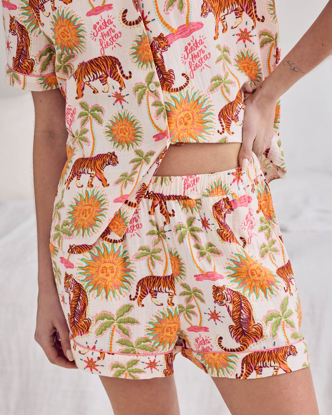 Organic Cotton Cheesecloth Siesta Tiger Print Short Button Up Pyjama Set