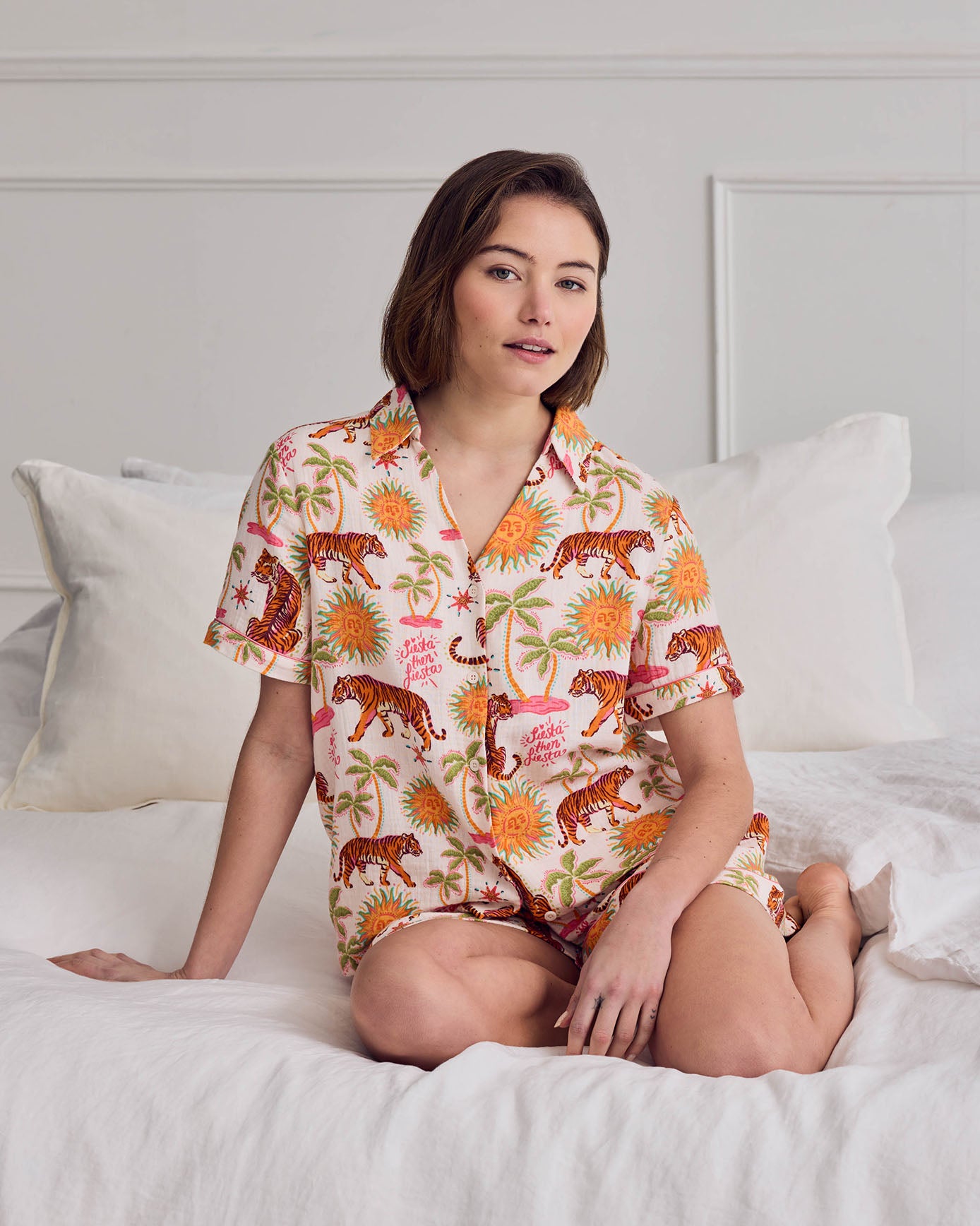 Organic Cotton Cheesecloth Siesta Tiger Print Short Button Up Pyjama Set